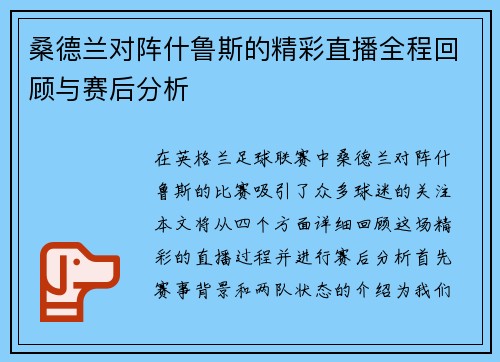 桑德兰对阵什鲁斯的精彩直播全程回顾与赛后分析